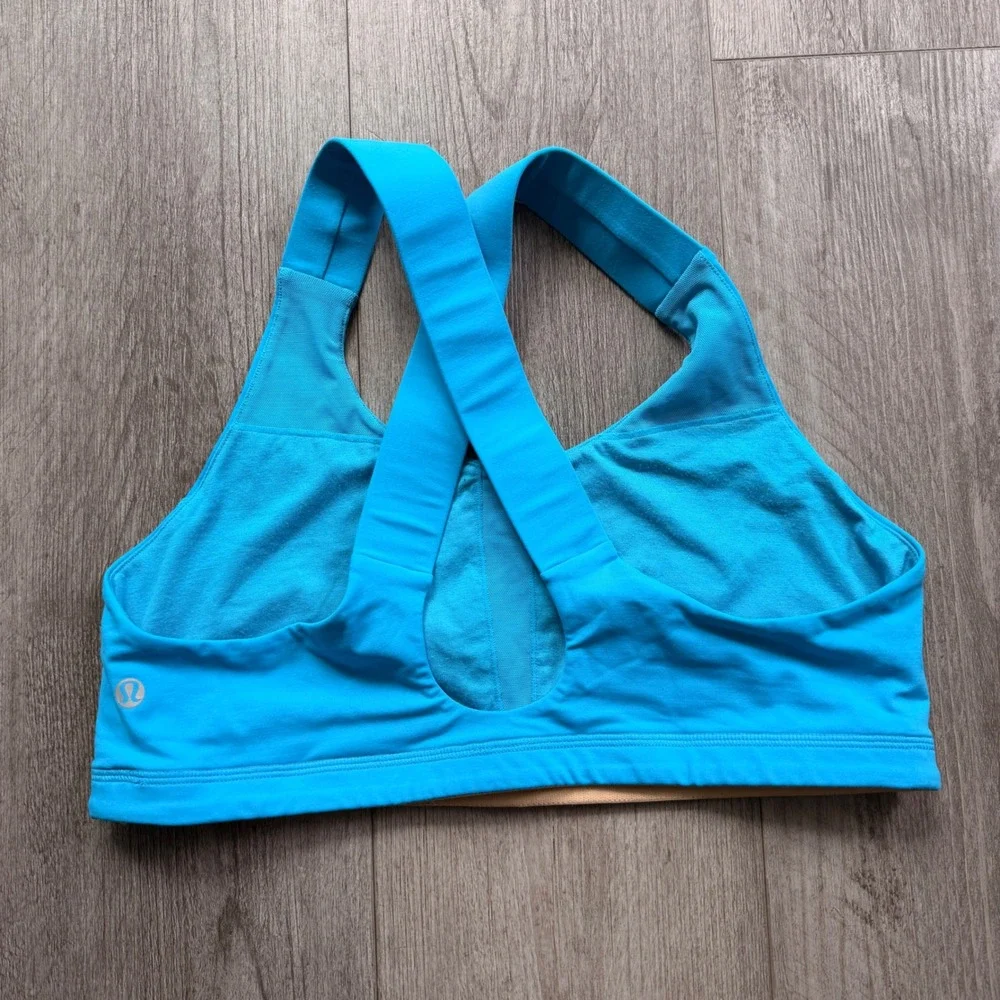Lululemon Energy Style Sports Bra Size 12 Blue Cross Back Mesh Logo